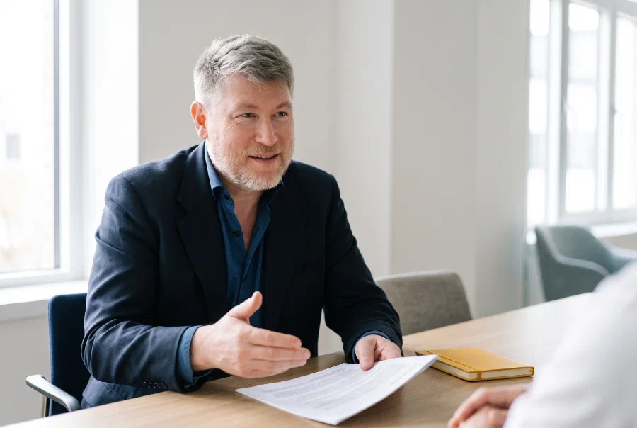 Consultant présentant un document lors d’un entretien client